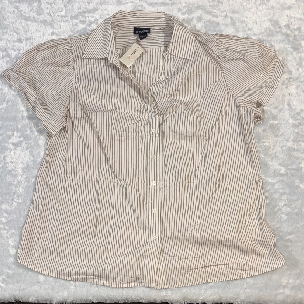 Lane Bryant Beige and White Striped Short-Sleeve Button-Down Shirt